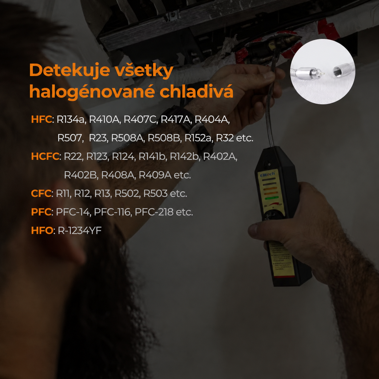 Elitech WJL-6000S – detektor úniku chladiva klimatizácie podporované zmesy chladiace